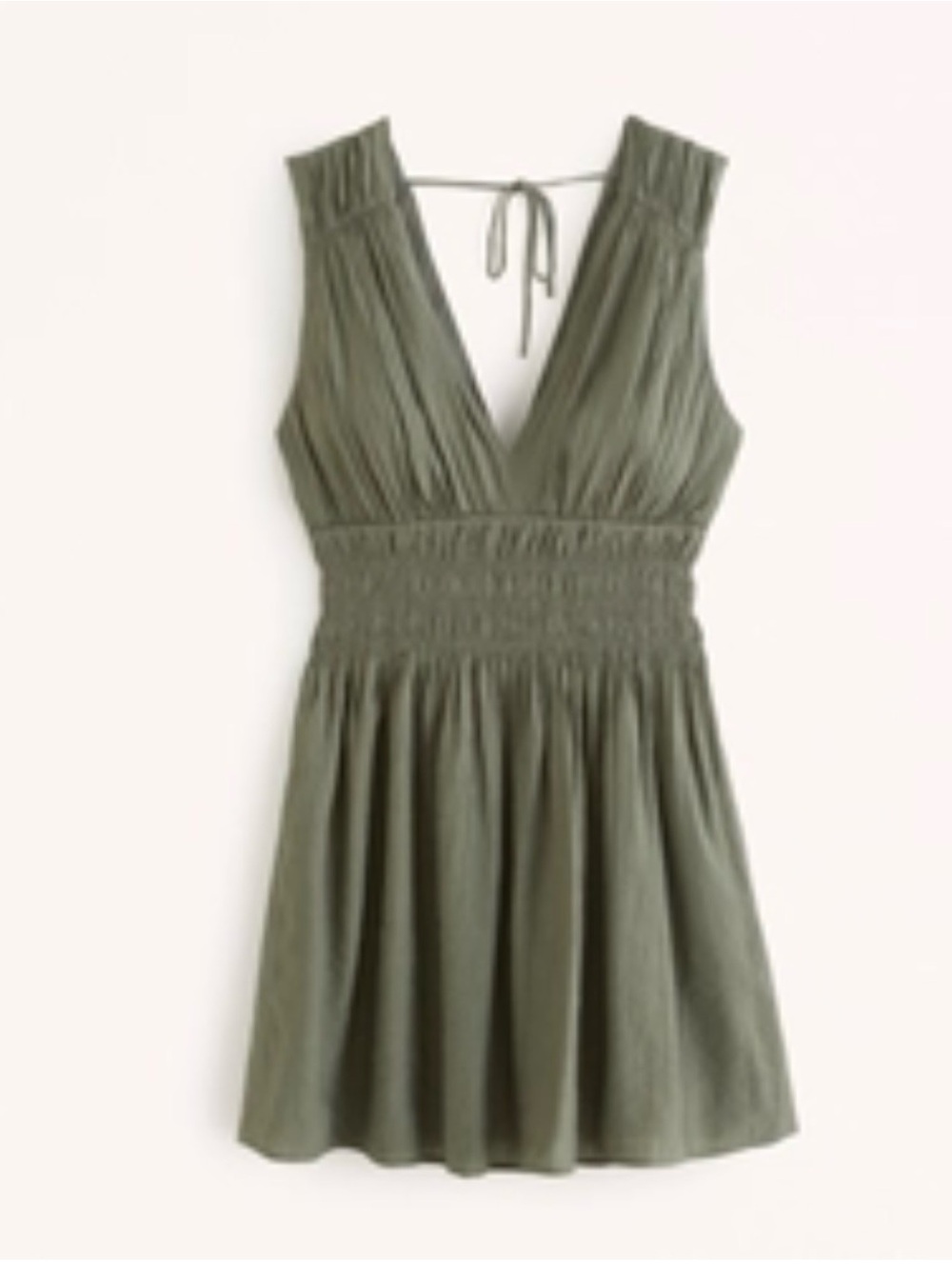 Abercrombie smocked plunge crinkle mini dress in olive
Size large petite
